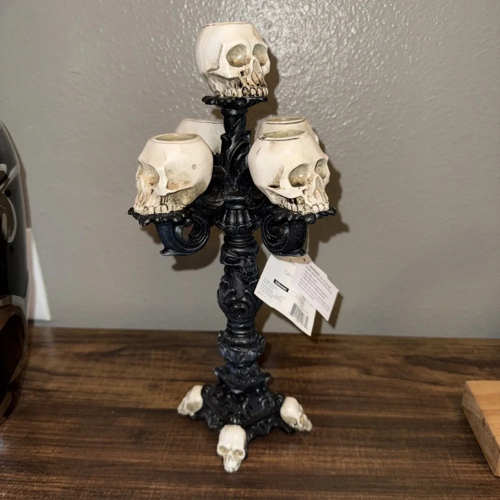 Skull Candelabra 5 Skeleton Hear Candle Holder Gothic Halloween Eerie Estates